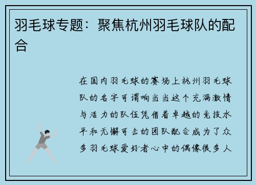 羽毛球专题：聚焦杭州羽毛球队的配合