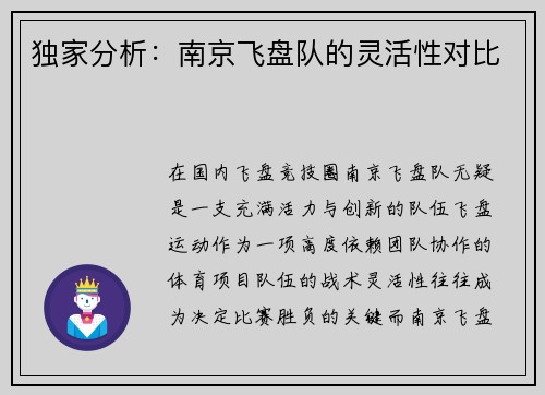 独家分析：南京飞盘队的灵活性对比