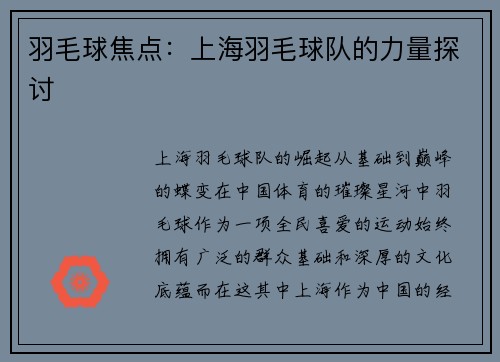 羽毛球焦点：上海羽毛球队的力量探讨