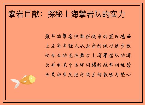 攀岩巨献：探秘上海攀岩队的实力